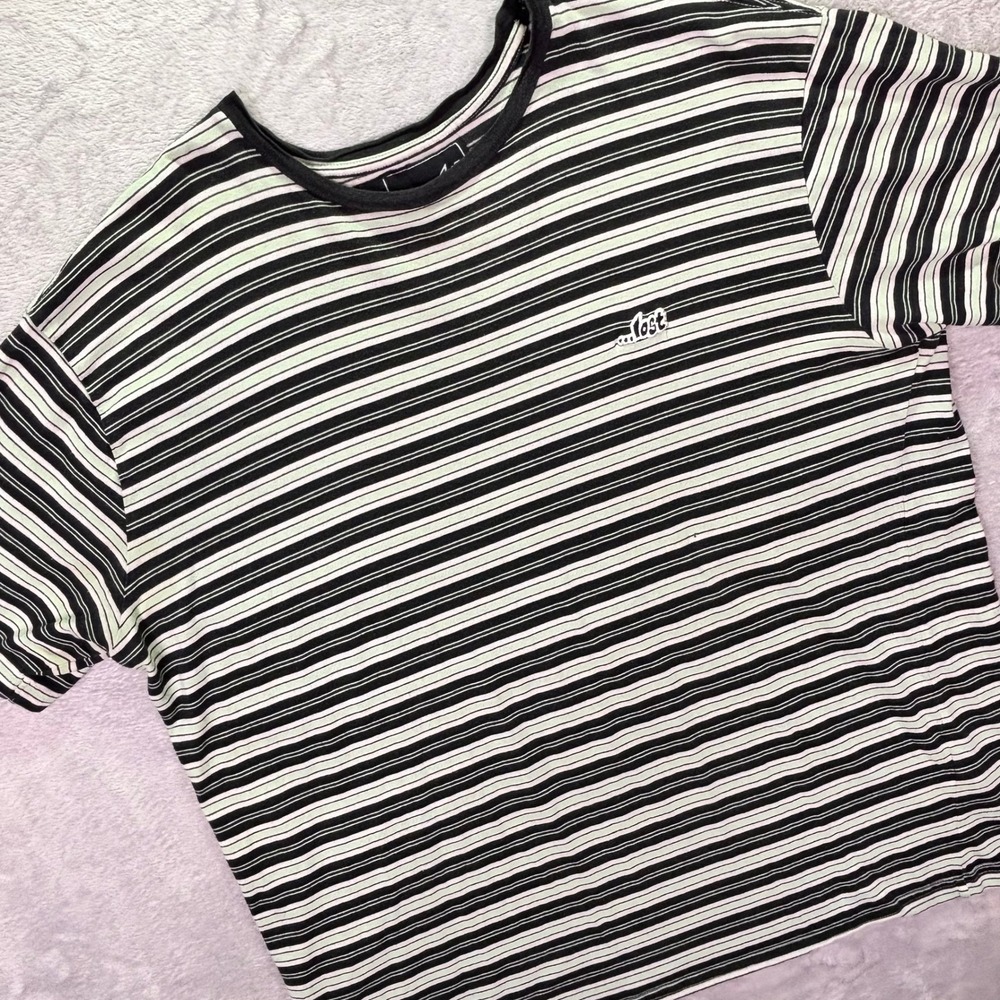 Vtg Lost Mens T-Shirt Size XL Black Striped Embroidered Logo Surf Skate Tee Y2K
